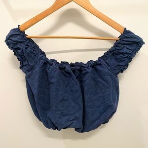 Garage Navy Pointelle Off-Shoulder Crop Top